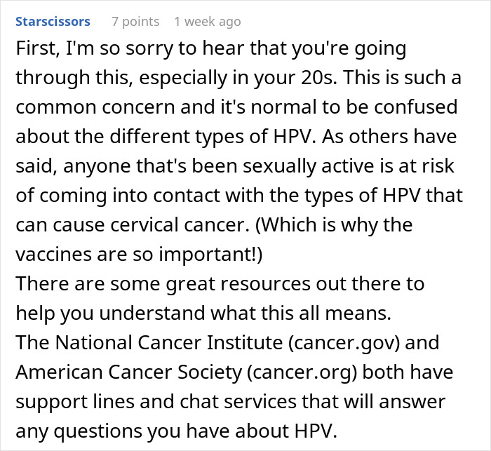 Comment explaining risks of HPV and cervical cancer with links to National Cancer Institute and American Cancer Society resources.