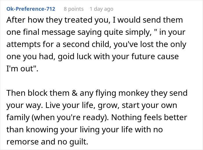 Screenshot of a comment advising to block neglectful parents and focus on healing from parental neglect and hurt. - 54