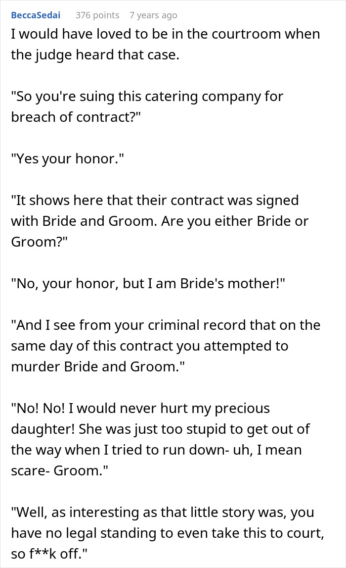 Court dialogue showing bride&rsquo;s mother involved in a crime scene during chaotic wedding legal dispute.