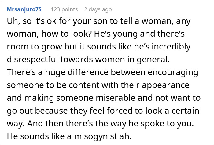 Comment criticizing a 14-year-old boy&rsquo;s disrespectful reaction to his mom suggesting his Black girlfriend dress more comfortably.