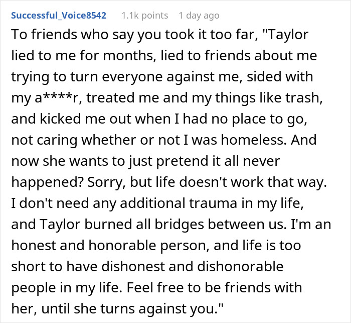 Reddit post sharing feelings about giving ex-best friend a taste of her own medicine after betrayal and broken trust. - 31