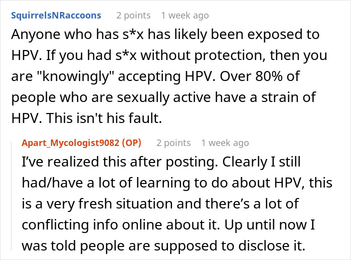Comments discussing HPV exposure and the emotional impact on a woman dealing with cancer linked to her boyfriend&rsquo;s past.