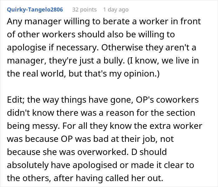 Alt text: Comment discussing a manager calling a woman useless at work and the need for an apology after being schooled.