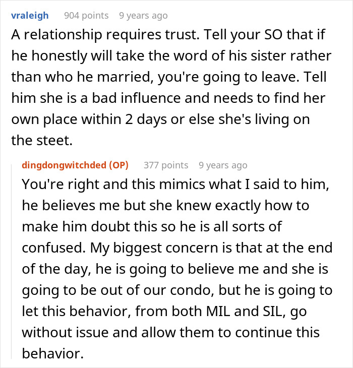 Screenshot of a forum discussion about trust issues as a lady tries to frame her SIL and turn her brother against his wife.