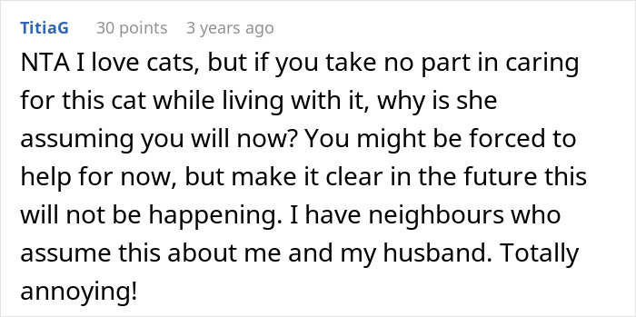 Comment discussing roommate refusing cat litter box duties amid family vacation planning conflict.
