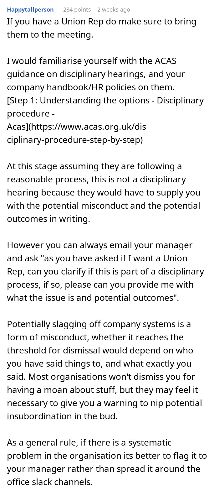 Screenshot of a discussion about worker disciplined for slurs, focusing on disciplinary procedures and HR policies.