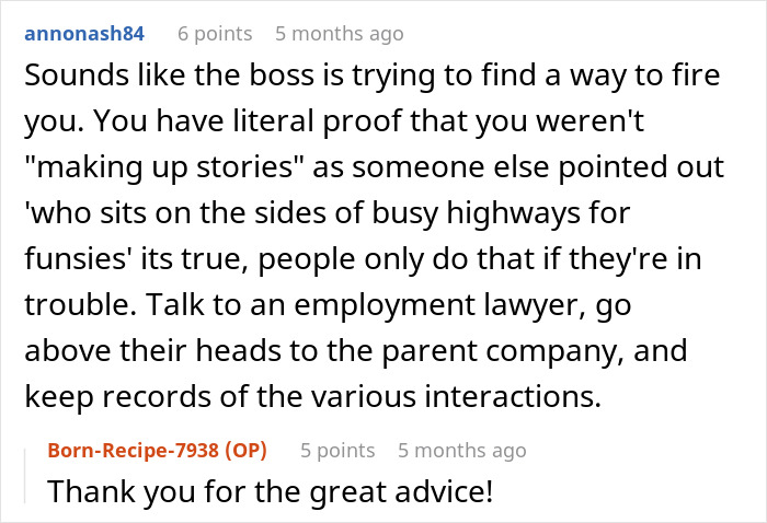 Commenter discusses employee’s flat tire excuse, suggesting legal advice and documenting interactions with management.