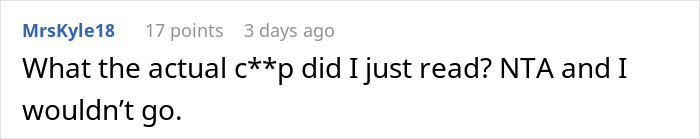 Screenshot of an online comment expressing disbelief and refusal to join a Christmas gift trip if siblings pay for flight.
