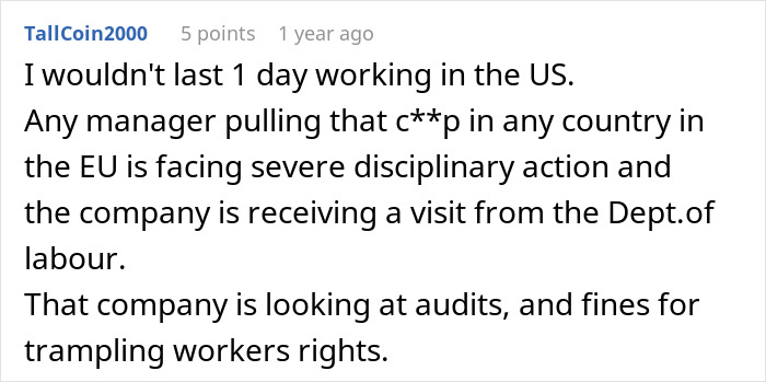 Comment discussing severe disciplinary action and labor audits for managers reprimanding employees who miss meetings.