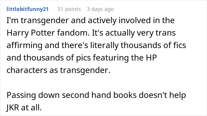 Reddit comment discussing Harry Potter fandom and family conflict over giving kids Harry Potter books.