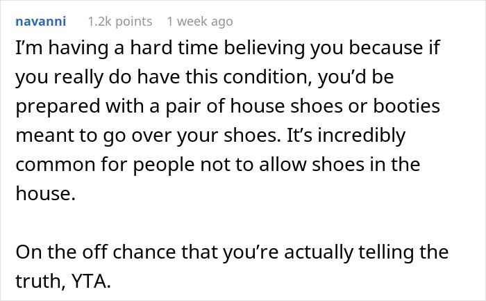 User comment doubting medical condition preventing shoe removal, discussing common house shoe etiquette and conflict with friend&rsquo;s wife.