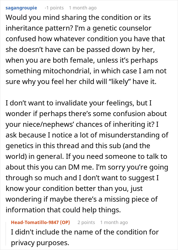 Commenter explains genetic condition inheritance concerns for pregnant sister and the confusion around the condition's transmission. Commenter explains genetic condition inheritance concerns for pregnant sister and the confusion around the condition's transmission.