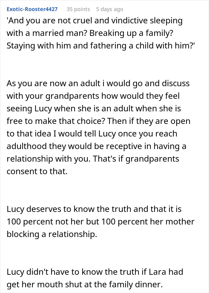 Text-based advice discussing how a woman explains the reason grandparents don't see her due to family secrets.