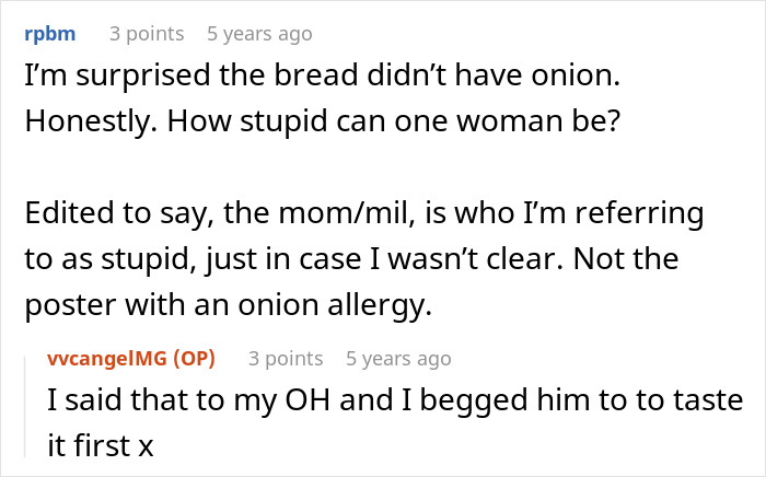 Reddit conversation discussing a mil-try poison woman and confusion over an onion allergy in a food context.