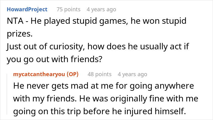 Screenshot of a Reddit conversation discussing a boyfriend throwing a tantrum after his girlfriend leaves on vacation despite his injury.