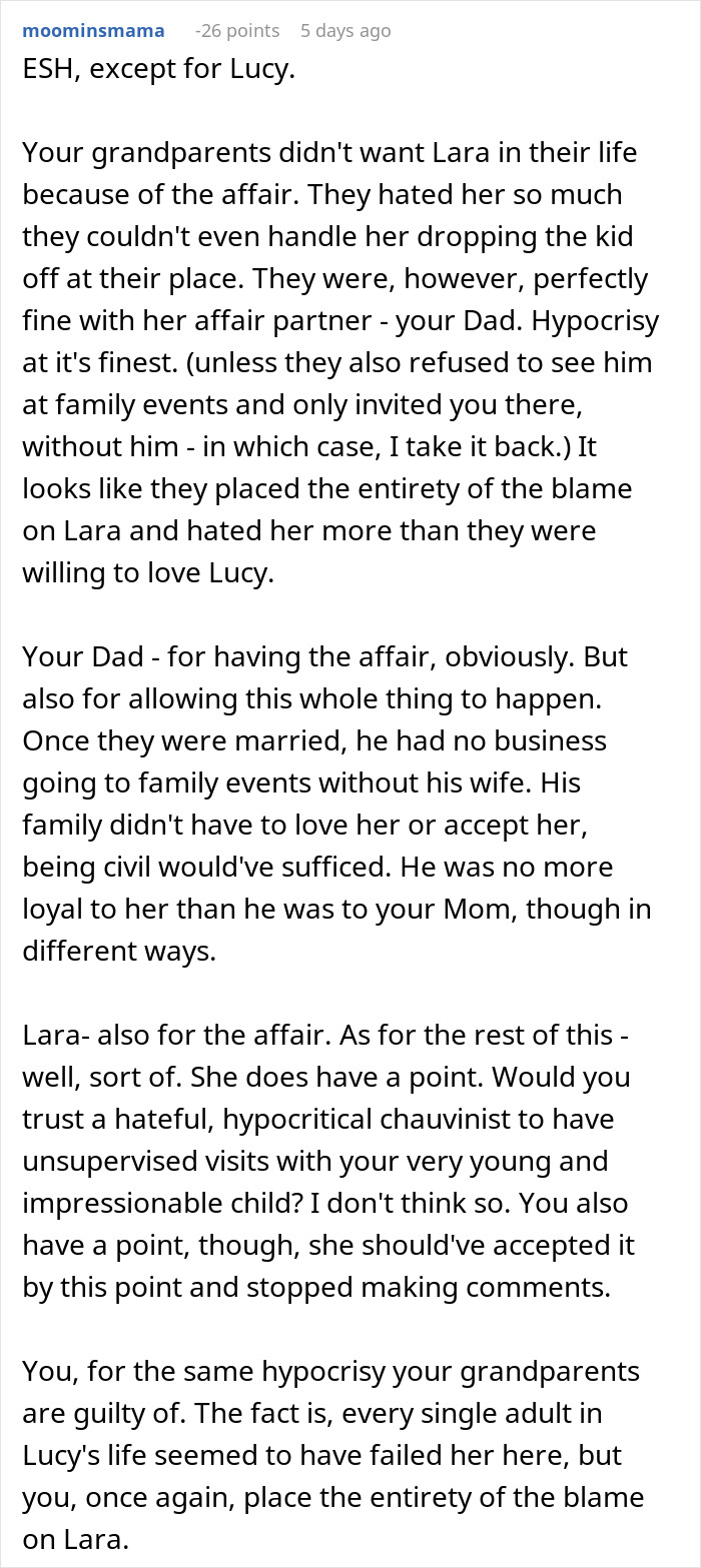 Comment discussing family conflict and grandparents avoiding a child due to a dad&rsquo;s affair baby situation.
