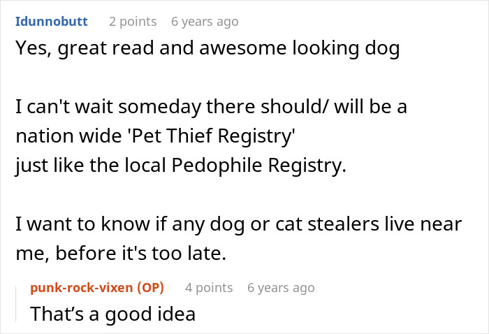 Commenters discuss pets and the idea of a nationwide pet thief registry after a husky theft story. - 42