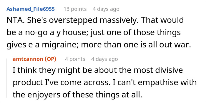 Reddit comments discussing a family hosting a divorcing friend who floods the home with nasty scents as repayment.