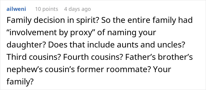 Comment from ailweni discussing family involvement and proxy naming in relation to woman correcting mother-in-law about baby's name.