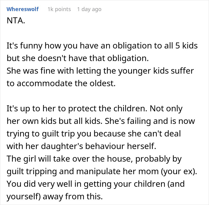 Comment discussing a man leaving his marriage after refusing to let wife&rsquo;s daughter live with his kids, defending his decision.