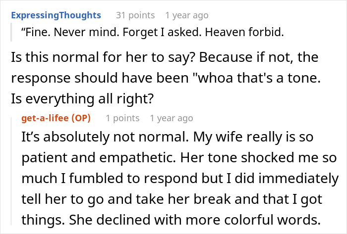 Screenshot of a Reddit comment thread discussing a man telling his wife she couldn&rsquo;t do it without him.