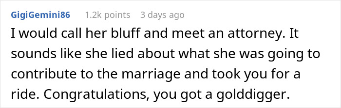 Screenshot of a forum comment discussing a man telling his wife to get a job if she doesn’t want to go on an allowance. Screenshot of a forum comment discussing a man telling his wife to get a job if she doesn’t want to go on an allowance.