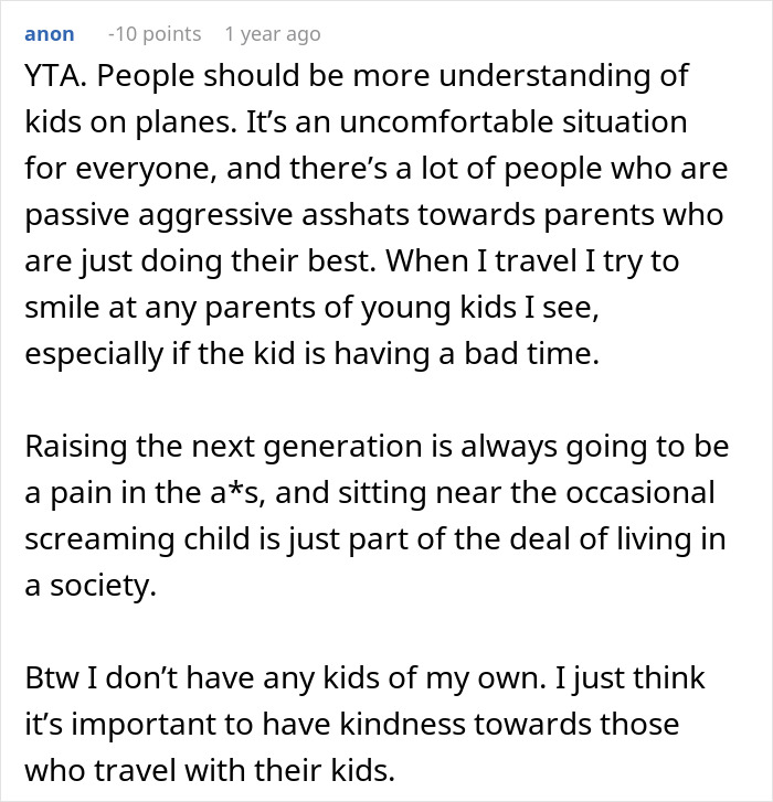 Comment discussing challenges of traveling with kids on a long flight and the importance of kindness towards parents.