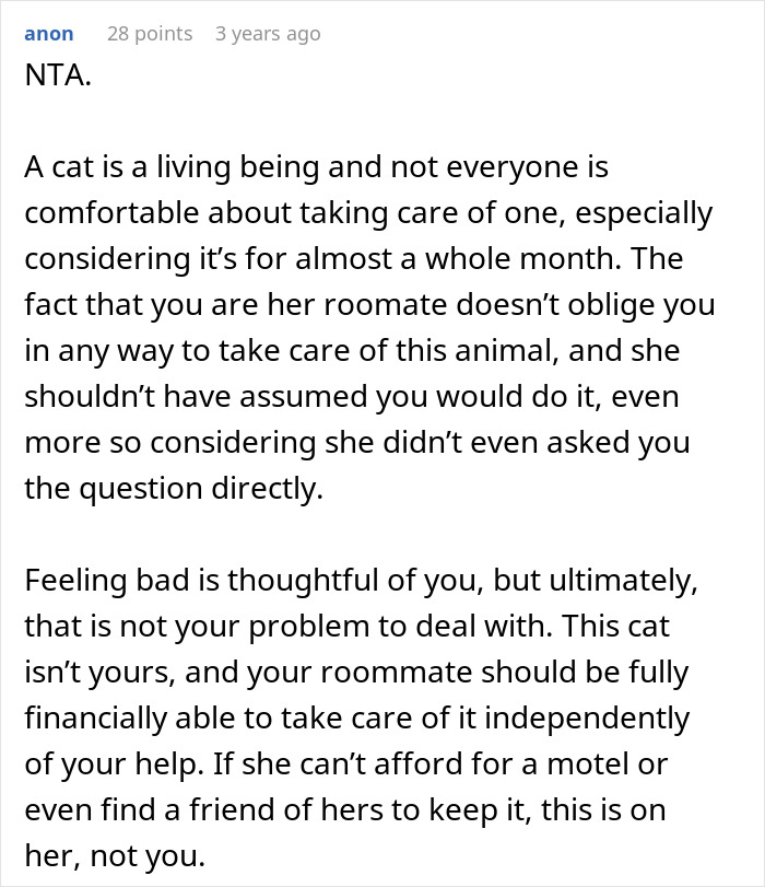 Roommate refuses cat litter box duties as lady plans family vacation, highlighting conflict over pet care responsibility.
