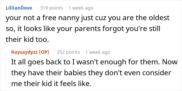 Screenshot of a Reddit conversation where a user explains feeling forced to babysit siblings and not treated like a kid.
