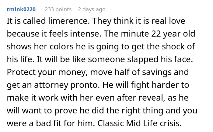 Comment about woman&rsquo;s life turned upside down after husband confesses love for his colleague in online discussion.
