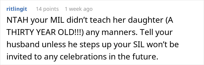 Screenshot of a social media comment discussing a lady miffed after SIL tells her to stop making niece's birthday all about her spiritual awakening.