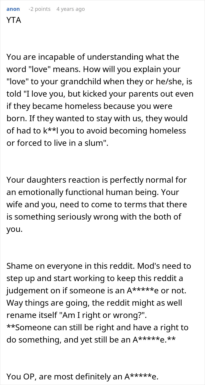 Reddit user criticizes parents for forbidding daughter to have a baby under their roof, causing relationship damage.