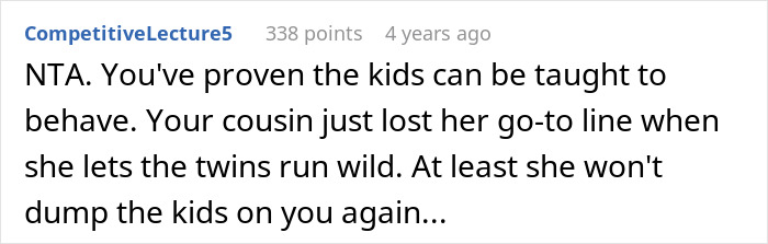 Screenshot of an online comment discussing how a woman trains her cousin’s kids after babysitting them. Screenshot of an online comment discussing how a woman trains her cousin’s kids after babysitting them.