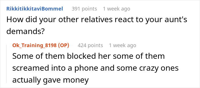 Reddit comment discussing relatives' reactions to aunt ignoring nephew until he gets a job and demands salary support.