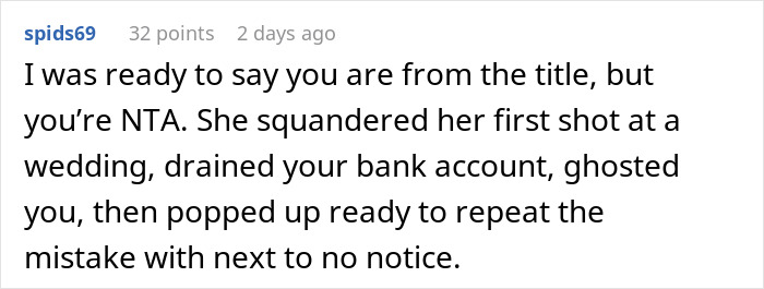 Reddit comment discussing a man&rsquo;s experience with his daughter&rsquo;s failed wedding and financial impact.