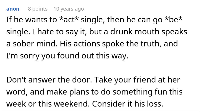 Text post discussing a guy pretending to be single at a party and making up excuses when confronted by his girlfriend.