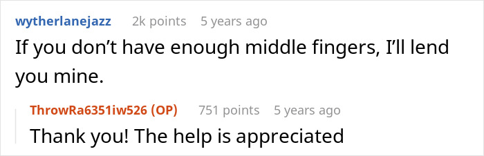 Screenshot of a Reddit conversation with users discussing lending middle fingers and expressing appreciation.