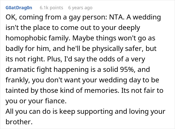 Comment discussing the challenges of urging a gay brother to come out and refusal at his wedding event. Comment discussing the challenges of urging a gay brother to come out and refusal at his wedding event.