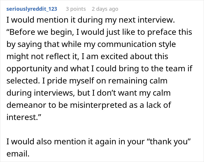 Reddit user shares advice on communication style and excitement for a second interview opportunity in an email reply.