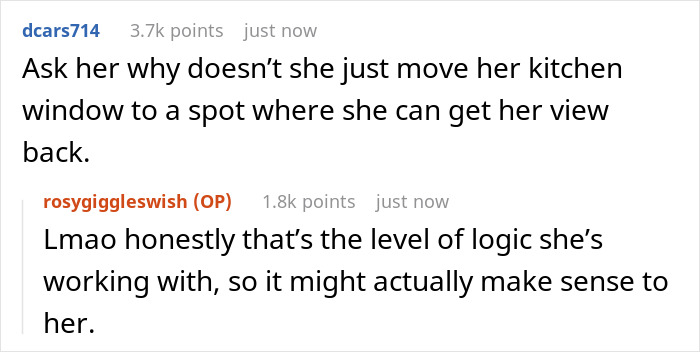Screenshot of a Reddit conversation about a homeowner laughing at an entitled neighbor&rsquo;s request to move their fence for her view.