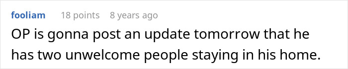 Screenshot of a forum comment discussing unwelcome people staying in a home after a friend breaks in and plants belongings.