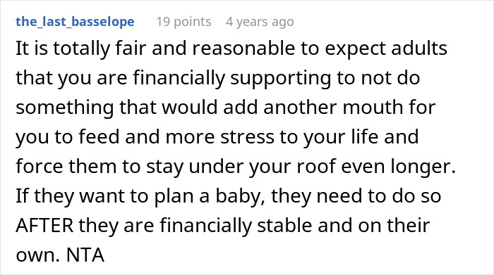 Comment discussing parents forbidding a baby under their roof causing stress and ruining relationship with their daughter.