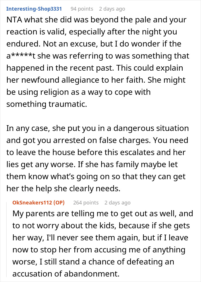 Reddit comments discussing false domestic violence accusations and emotional impact on husband&rsquo;s empathy.