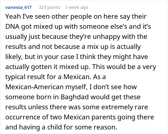 Comment discussing a person who thinks DNA test results may have been mixed up with someone else's results.