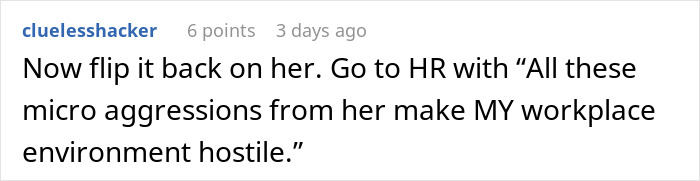 Screenshot of a Reddit comment discussing reporting a coworker to HR over workplace conflicts and microaggressions.