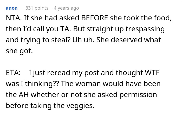 Comment defending owner after thief caught stealing vegetables, mentioning trespassing and stealing without permission.