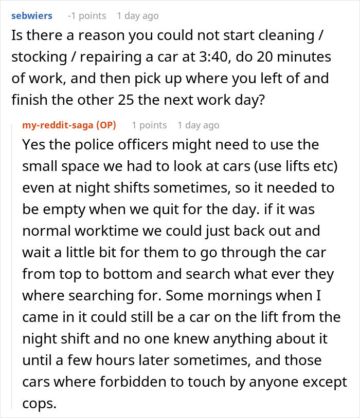 Reddit conversation showing boss responding to concerns about banning flexible hours causing workflow issues and delays. Reddit conversation showing boss responding to concerns about banning flexible hours causing workflow issues and delays.