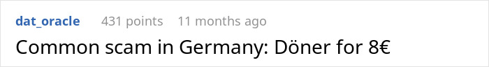 Screenshot of a forum comment describing a common tourist trap in Germany involving D&ouml;ner priced at 8 euros.
