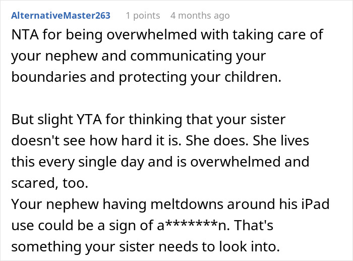 Screenshot of a forum comment discussing challenges of babysitting an autistic nephew and protecting children.