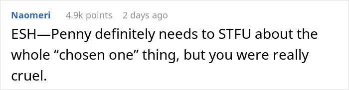 Screenshot of a forum comment discussing the adopted sister's longstanding chosen one joke backfiring after brother's reply. Screenshot of a forum comment discussing the adopted sister's longstanding chosen one joke backfiring after brother's reply.